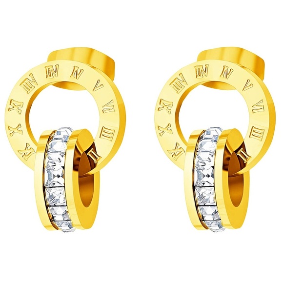 NIB 4 Pc Set Gold Plated Bold Roman Numeral Stainless Steel & Zircon Jewelry Set - Picture 3 of 16